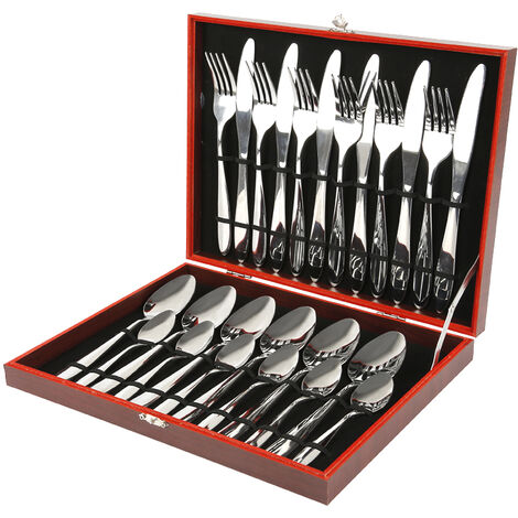 Haloyo – Ensemble de 24 couverts en acier inoxydable – Coffret en bois rouge – 6 couteaux, 6 fourchettes, 6 cuillères à soupe, 6 cuillères à café – Passent au lave-vaisselle