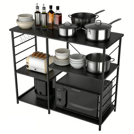 Haloyo® Étagère de cuisine à 4 niveaux avec 8 crochets, design industriel, étagère de comptoir autoportante en tubes métalliques, 39 x 90 x 83 cm, Noir