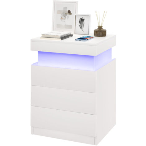 Haloyo® Hochglanz-Nachttisch mit LED-Beleuchtung, Kommode mit 3 Schubladen, Schlafzimmermöbel, 45 x 40 x 67 cm, Weiß
