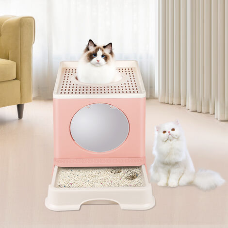 Haloyo Lettiera per gatti con coperchio, pieghevole,con porta anteriore e ingresso dall'alto,48 x 39 x 34 cm,rosa