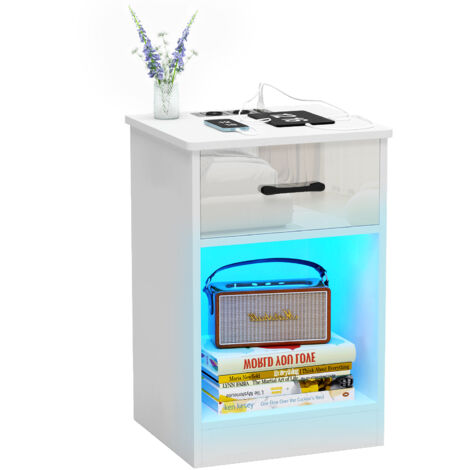 Haloyo® Lot de 1 Tables de chevet avec 1 tiroirs , Table de Nuit, Table Téléphone, Prises CA, décor bois, pour Salon, Chambre, Bureau, 40x35x60cm, blanc