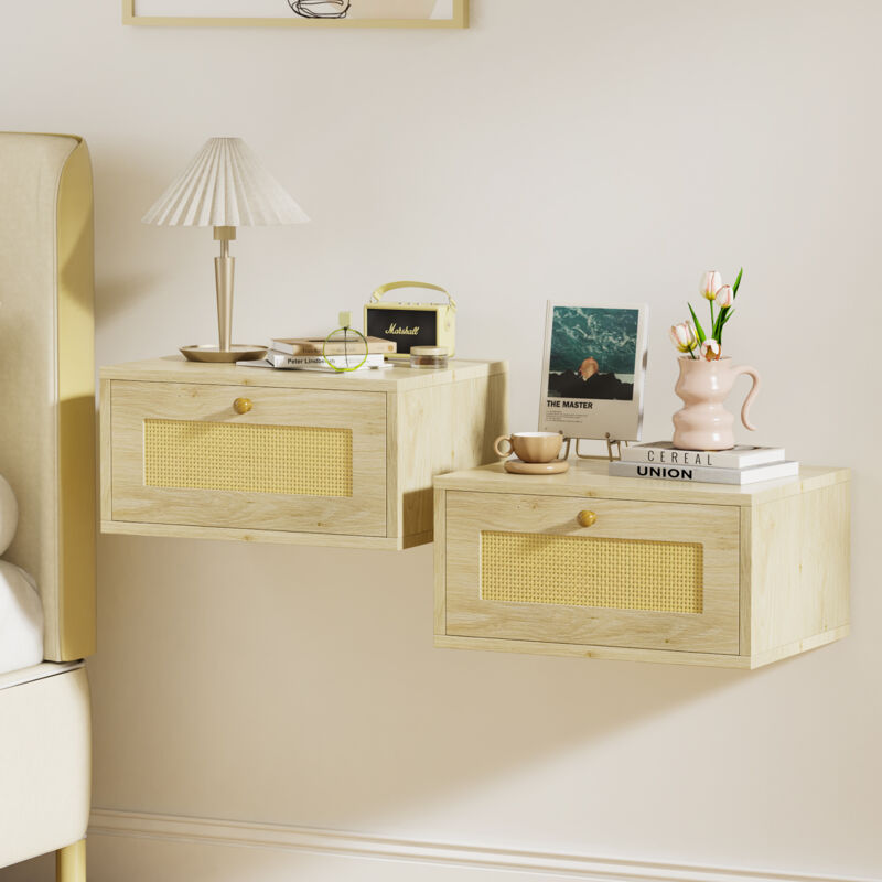 Lot de 2 Chevet suspendu, Tables de chevet murales, tables de nuit, 40x30x20cm, Couleur du bois - Haloyo