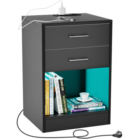 Haloyo® Nachttische, Beistelltisch mit Ladestation, Nachttisch mit LED, mit 2 Schubladen, Griff, offenem Fach, 40x35x60cm, Schwarz