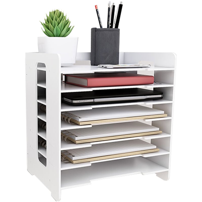 Organiseur de bureau, Rangement à documents, organiseur de table avec 7 compartiments, porte-documents, 33.5x25.5x40cm, blanc - Haloyo