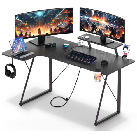 Haloyo® Scrivania per computer con presa di corrente integrata, scrivania angolare da gioco, tavolo da gioco, 150x60x74 cm, nero