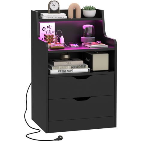Haloyo® Set di 1 comodini 3 cassetti, comodino, prese CA, decorazione in legno, per soggiorno, camera da letto, ufficio, 45x35x72,5 cm, nero