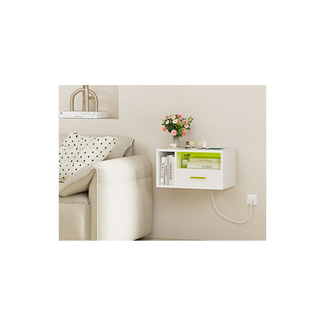 Haloyo® Set di 1 comodino sospeso con multipresa, comodini da parete, comodini, 46,5x30x25,5 cm, bianco