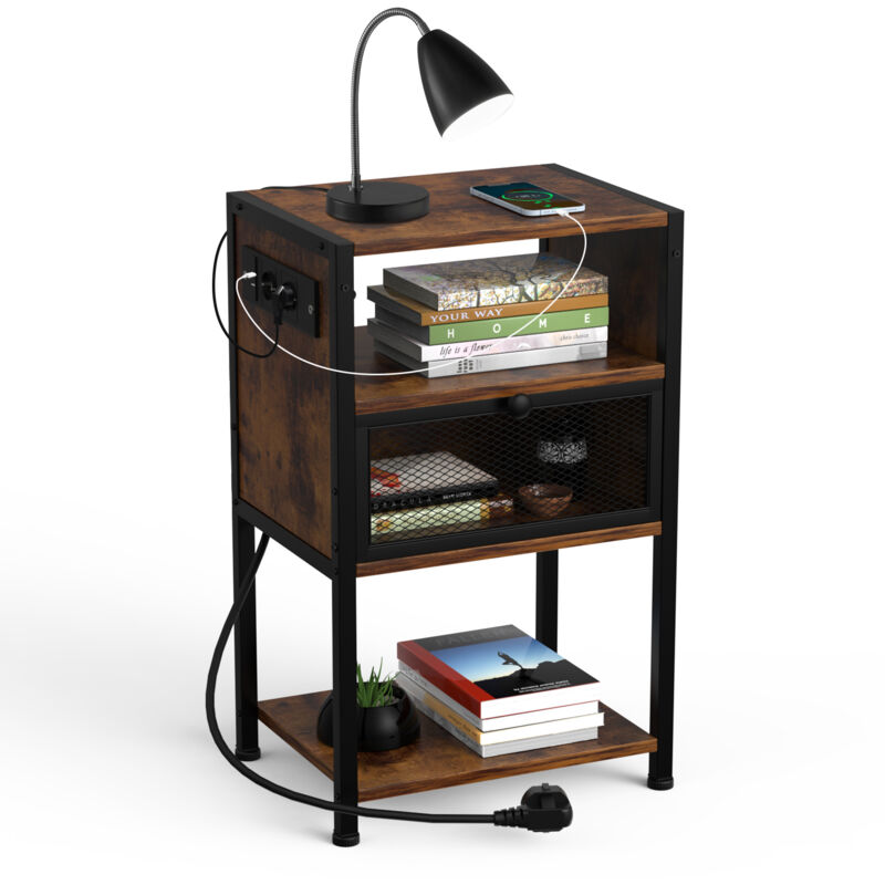 Table d'Appoint Moderne avec Multiprise avec 1 tiroir, Bout de Canapé, Table Basse, pour Salon, Chambre, 40x30x65cm, brun - Haloyo