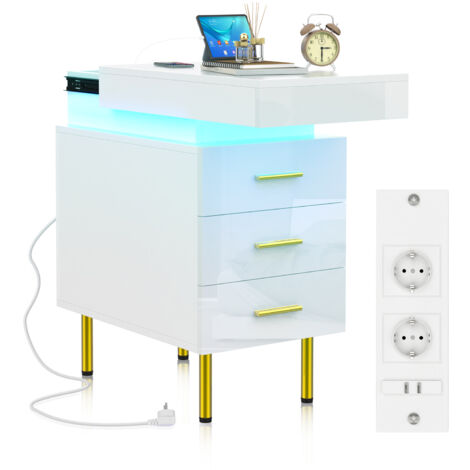 Haloyo® Table d'Appoint Moderne avec Multiprise, avec 3 tiroirs, Bout de Canapé, Table Basse, pour Salon, Chambre, 35x55x60cm, blanc