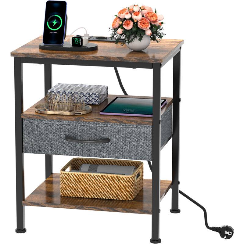 Table d'Appoint Moderne roulante avec Multiprise avec 1 tiroir, Bout de Canapé, Table Basse, pour Salon, Chambre, 40x30x60cm, brun - Haloyo