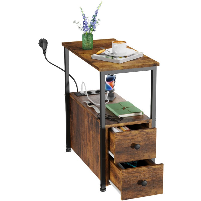 Table d'Appoint Moderne roulante avec Multiprise avec 1 tiroir, Bout de Canapé, Table Basse, pour Salon, Chambre, 60X30X61cm, brun - Haloyo