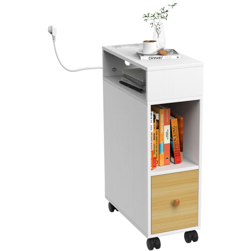 Table d'Appoint Moderne roulante, Bout de Canapé, Table Basse, pour Salon, Chambre, Marron, 50x25x70cm, blanc - Haloyo