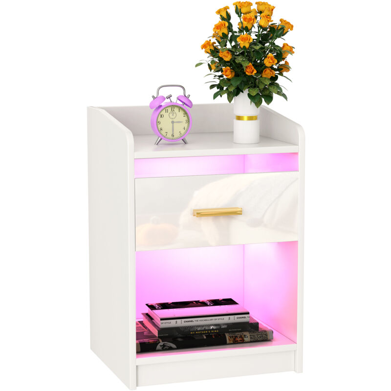 Table de Chevet avec 1 tiroir avec niche, avec Bande led Multicolore Réglable, Table d'Appoint de Style Moderne, 40x35x58cm, blanc - Haloyo