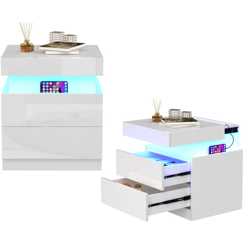Table de Chevet avec 2 tiroirs, avec Bande led Multicolore Réglable, Table d'Appoint de Style Moderne, 45x40x52cm, blanc - Haloyo
