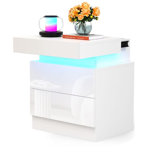 Haloyo® Table de Chevet avec 2 tiroirs et 16 Couleurs LED , Table de Nuit, Table Téléphone, Prises CA, pour Salon, Chambre, Bureau, 40x35x52cm, blanc