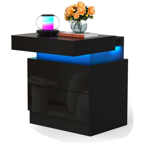 Haloyo® Table de Chevet avec 2 tiroirs et 16 Couleurs LED , Table de Nuit, Table Téléphone, Prises CA, pour Salon, Chambre, Bureau, 40x35x52cm, noir