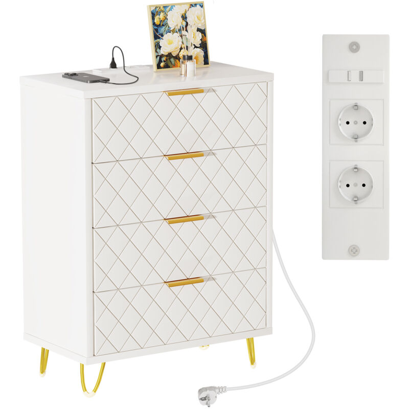Table de Chevet avec avec 4 Tiroirs, Meuble Chambre à Coucher Pieds doré, Table de Nuit, Table d'Appoint de Style Moderne, 60x34x91.5cm, blanc