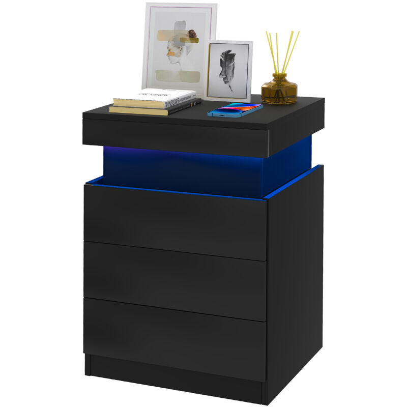 Table de chevet Haute Brillance avec led Lumières,Armoire Commode 3 Tiroirs Table de Nuit Meuble de chambre, 45x40x67cm, noir - Haloyo