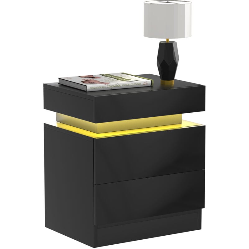 Table de Chevet Moderne à 2 tiroirs avec lumières led, Table de Nuit, pour Salon, Chambre à Coucher, 45x35x52cm, noir - Haloyo