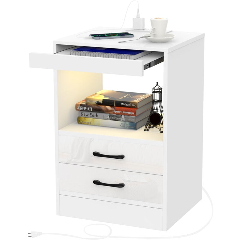 Haloyo® Table de Chevet Moderne à 3 tiroirs avec lumières LED, Table de Nuit avec Multiprise, pour Salon, Chambre à Coucher, 40x35x60cm, blanc