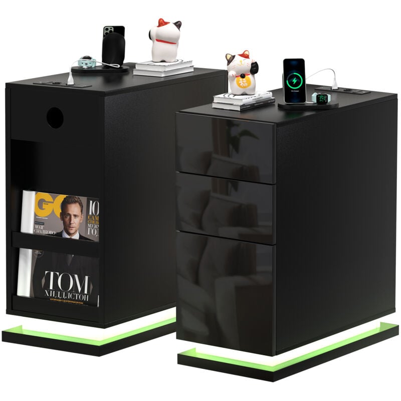 Table de Chevet Moderne à 3 tiroirs avec lumières led, Table de Nuit avec Multiprise, pour Salon, Chambre à Coucher, 50x30x63cm, noir - Haloyo
