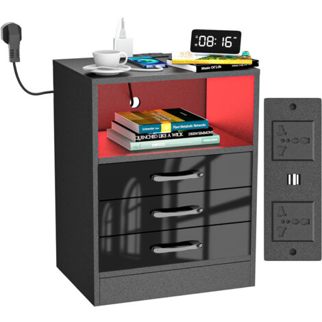 Haloyo® Table de Chevet Moderne à 3 tiroirs avec lumières LED, Table de Nuit avec Multiprise, pour Salon, Chambre à Coucher, 60x45x35cm, noir