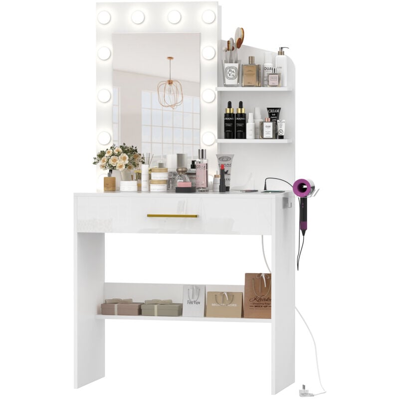 Table de Maquillage, Coiffeuse avec Miroir et Ampoules led Hollywood, Table Cosmétique, 80x40x145.5cm, blanc - Haloyo
