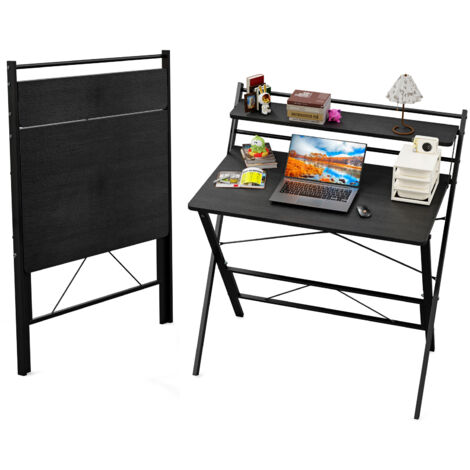 Haloyo® Table d'ordinateur pliante, Bureau d'ordinateur, Bureau avec Étagères, 80X50X107cm, noir