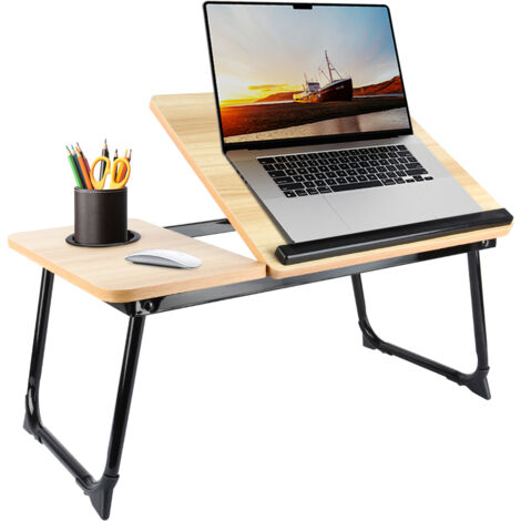 Haloyo® Tavolino da letto per laptop, piccolo tavolino pieghevole in bambù, supporto per notebook, comodino, tavolino da divano, 56x33x24 cm, colore legno naturale