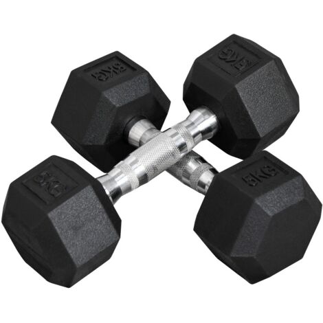 Haltères-Hexagon-2-pièces-2x5kg-Fonte-Revêtement-Caoutchouc-Noir-27,2x10,5x10,5cm