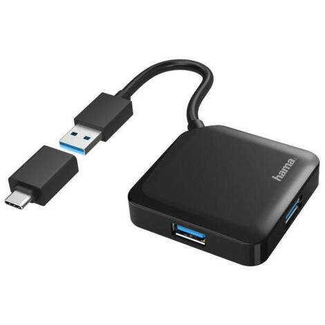 Hama HUB USB con 4 Puertos y Adaptador USB-C (Conexión de Múltiples Dispositivos, Transformador Universal USB a USB-C, USB 3.2 con Transmisión de
