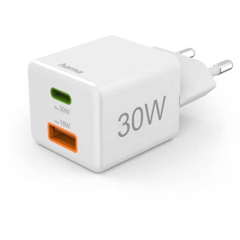 Hama - Chargement . Rapide, 1 usb-c pd, 1 usb-a qc, Mini chargeur, 30 w, Blanc