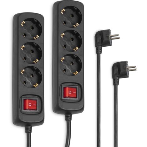Hama Set di 2 ciabatta a 3 prese (2 prese multiple con interruttore per risparmiare energia, slot ruotati di 45 gradi, cavo 1,4 m, certificato GS), colore nero