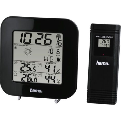 Hama  Station météo, radio-réveil DCF, prévisions météo et phase de lune, température intérieure et extérieure, couleur noire