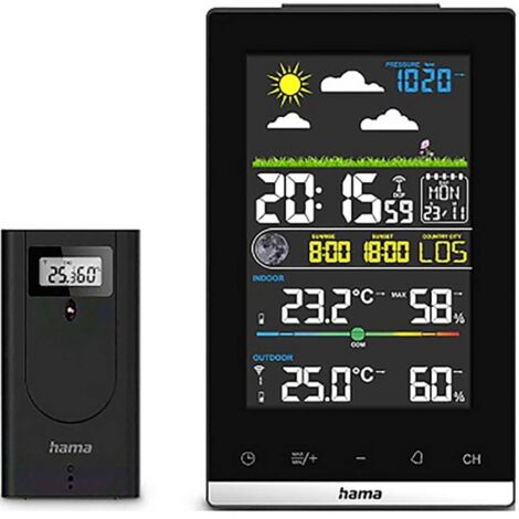Hama Wetterstation Jamaika, mit Außensensor, Funk, Wecker, Raumklima, Schwarz 00222239 Stazione meteo digitale senza