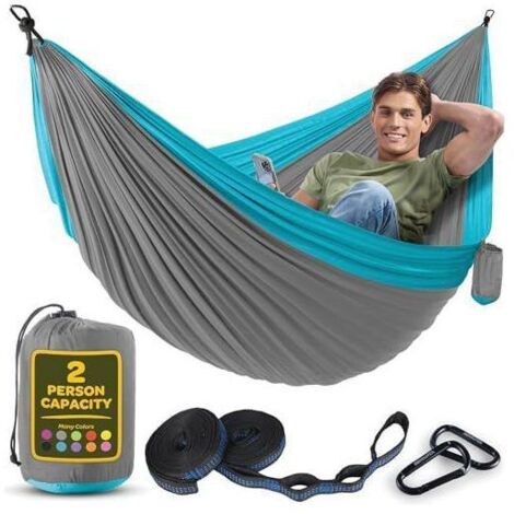 Hamac 2 Places, Pliable, Ultra-Léger et Portable, Capacité 350 kg, Idéal pour Jardin, Camping, Voyage, Gris-Bleu
