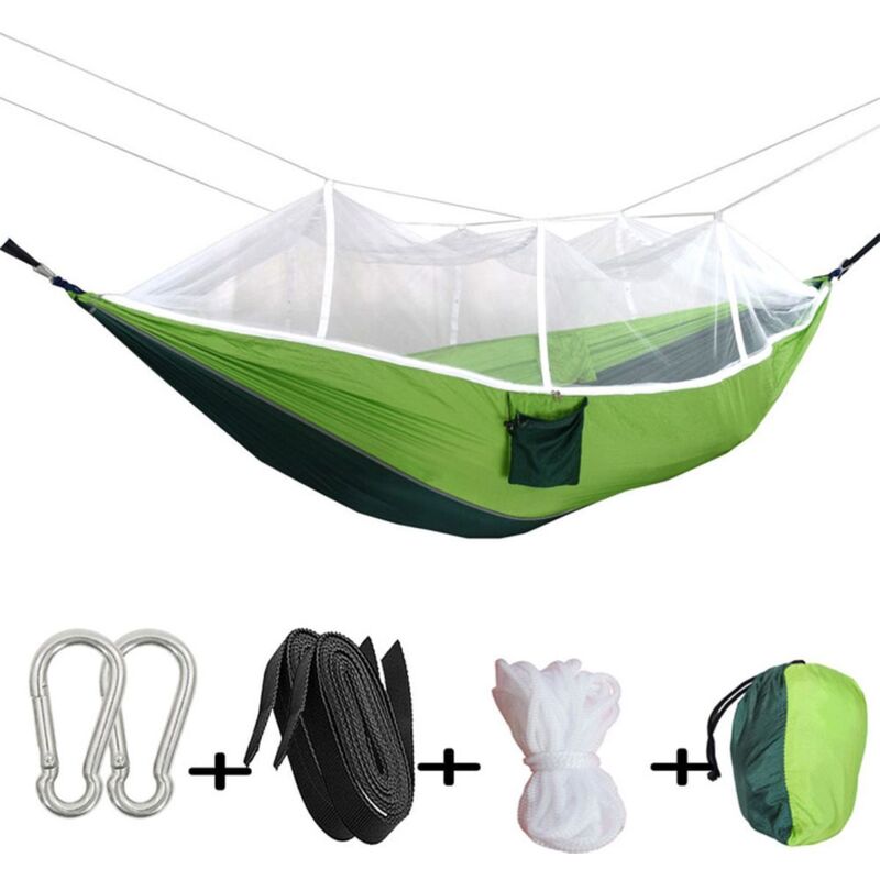 Hamac 260x140 cm - Taffeta Nylon - avec Moustiquaire et Sac - Léger, Résistant, Anti-Moustiques - Vert - Pour Camping et La Détente