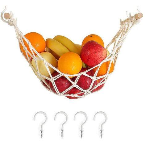 Hamac à fruits en macramé à suspendre sous un meuble, avec crochets, pour une décoration de cuisine élégante et un rangement pratique des bananes.