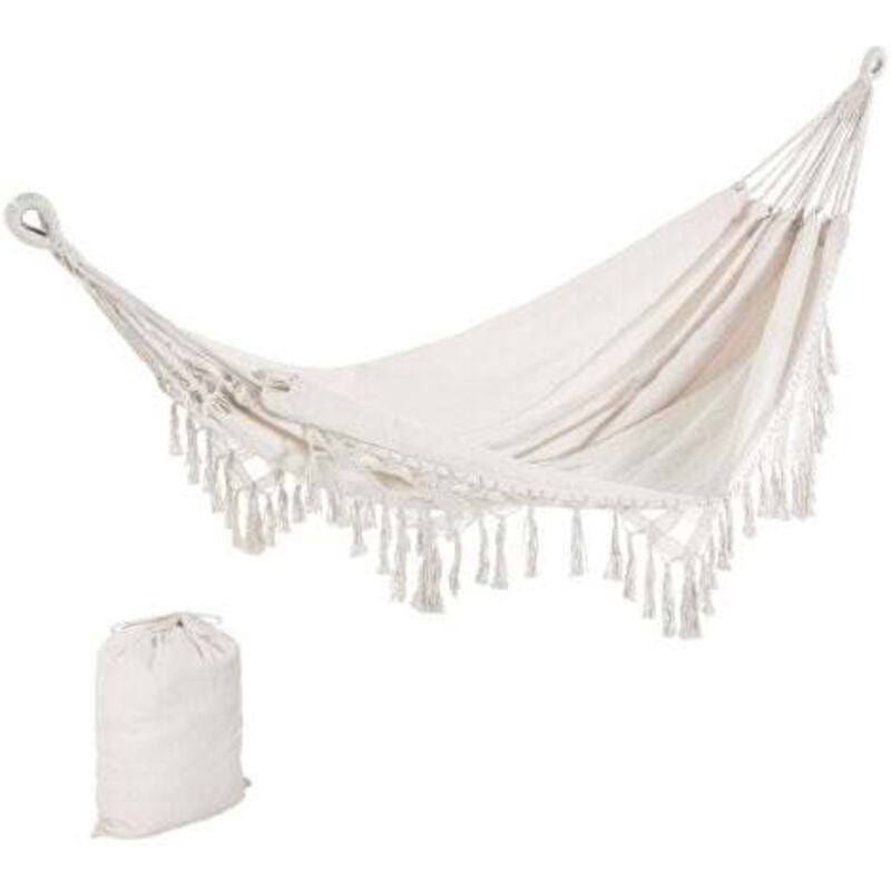 Hamac à pompons, hamac de voyage portable d'extérieur, style bohème chic, toile décontractée, taille totale 200 x 150 cm (beige)