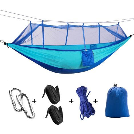 Hamac anti-moustiques extérieur léger 260x140cm avec système anti-basculement, idéal pour camping et jardin, disponible en bleu et bleu ciel