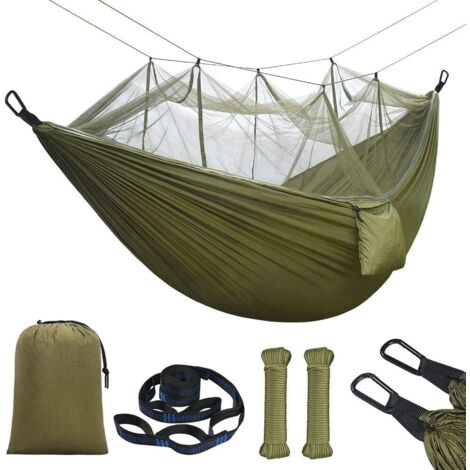 Hamac avec Moustiquaire, 275x140cm Double Hamac Ultra-léger de Voyage Camping, Nylon de Parachute, Charge 300 kg avec Sac de Transport, Sangles et Mousquetons pour, Balcon, Jardin, Plage-Fei Yu