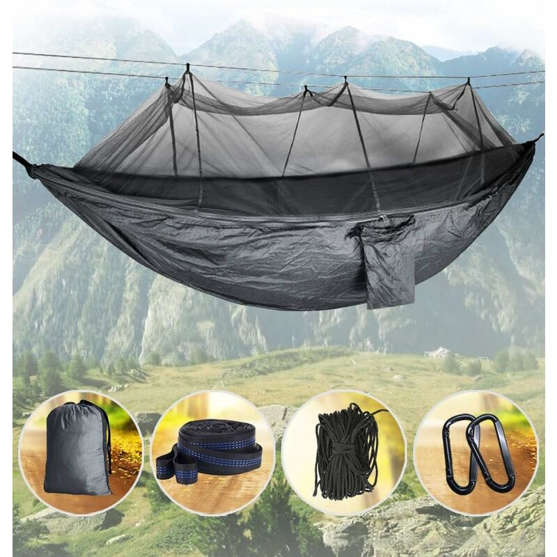 Hamac avec moustiquaire, hamac de camping double, moustiquaire, étanche, portable, léger, adapté pour la randonnée, les voyages, l'extérieur (gris)
