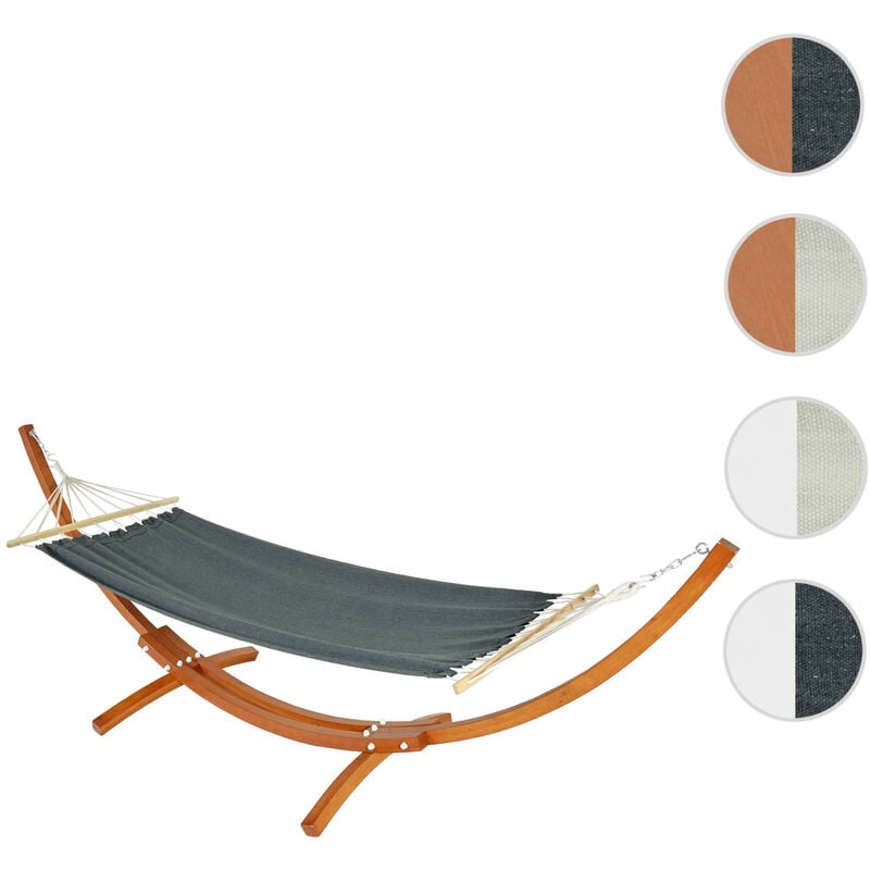 Hamac avec support HWC-J46, jusqu'à 200kg support en bois FSC-certifié 320cm marron, tissu gris