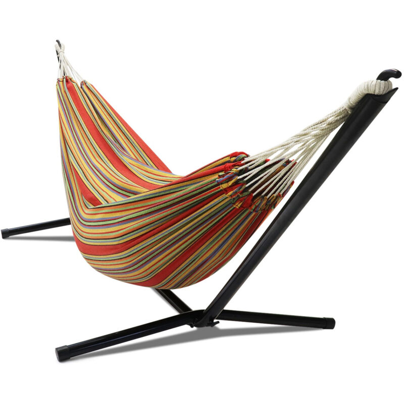 Hamac avec support métal et toile rayée rouge et jaune