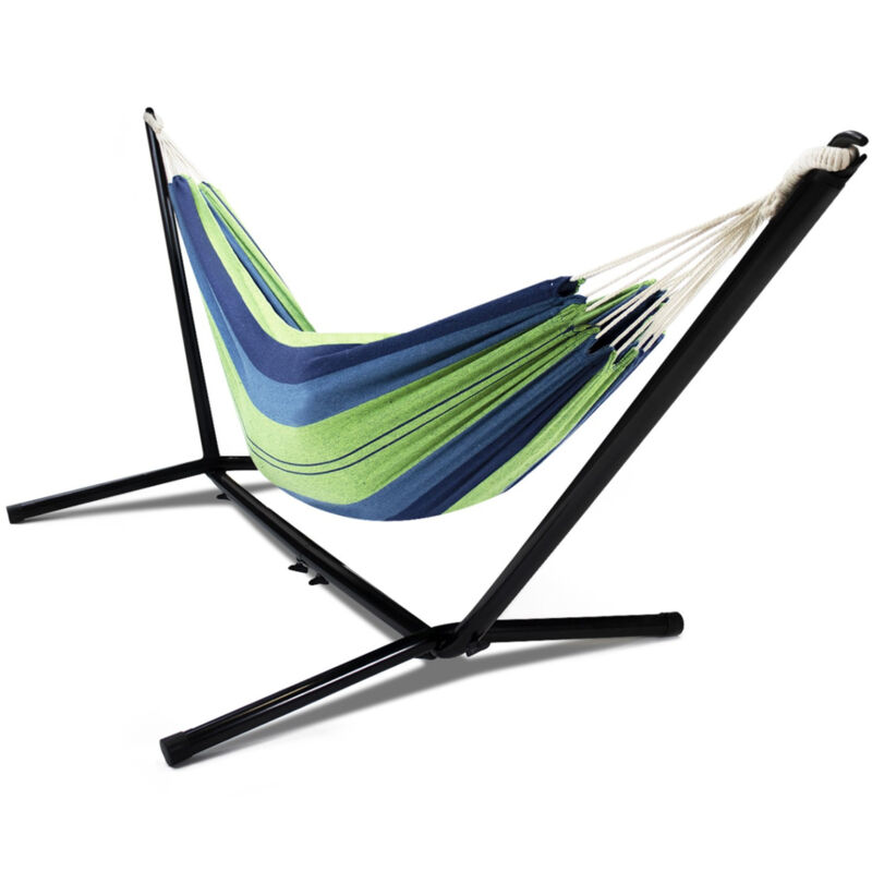 Hamac avec support métal et toile rayée bleue et verte