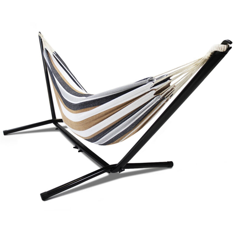 Hamac avec support métal et toile rayée noire, blanche et chocolat