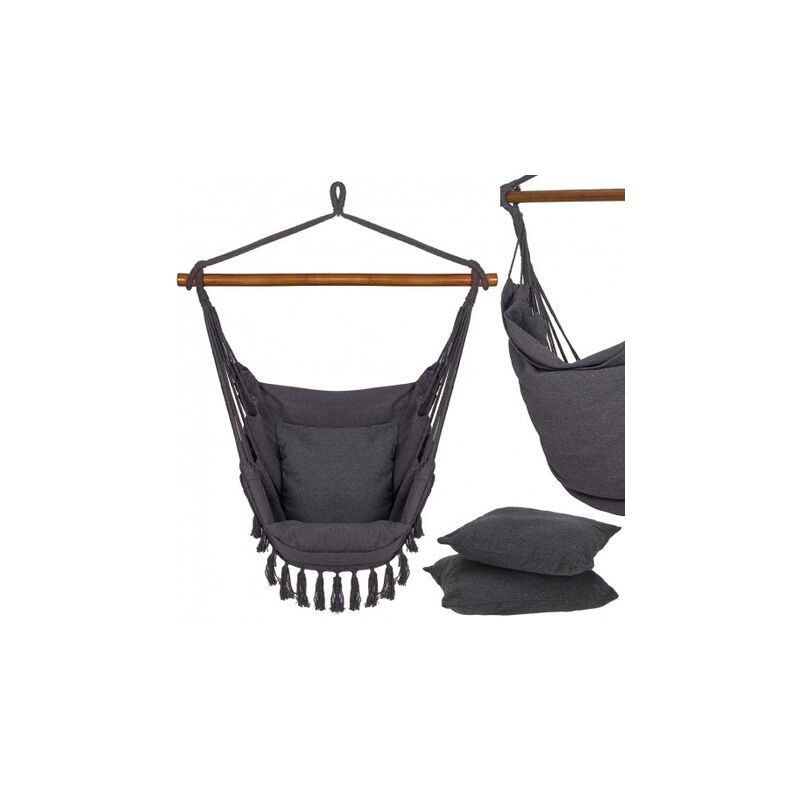 Hamac brésilien avec coussins 130x100cm, fauteuil suspendu avec franges gris.