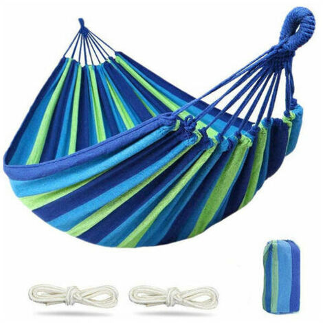 Hamac Brésilien Double 2 Personnes Hamac en Coton Extra Large 200 x 150 cm, Capacité de Charge 300 kg Portable pour Jardin Jardin Intéri et Extéri (Bleu）