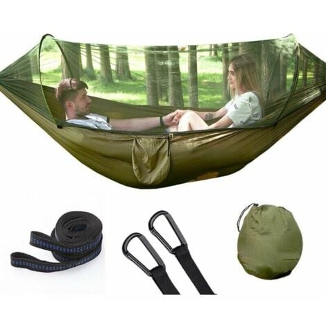Hamac de Camping avec moustiquaire, 1-2 Personnes, Portable et léger, Parachute Pop-up pour l'extérieur ou Le Camping, Les Voyages, la Plage (250 x 120 cm/Vert Militaire)