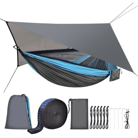 Hamac de camping avec moustiquaire, toile anti-pluie, sangle d'arbre robuste, nylon parachute, hamac simple ou double, tente, ensemble imperméable avec toile anti-pluie pour le camping, le jardin ou l
